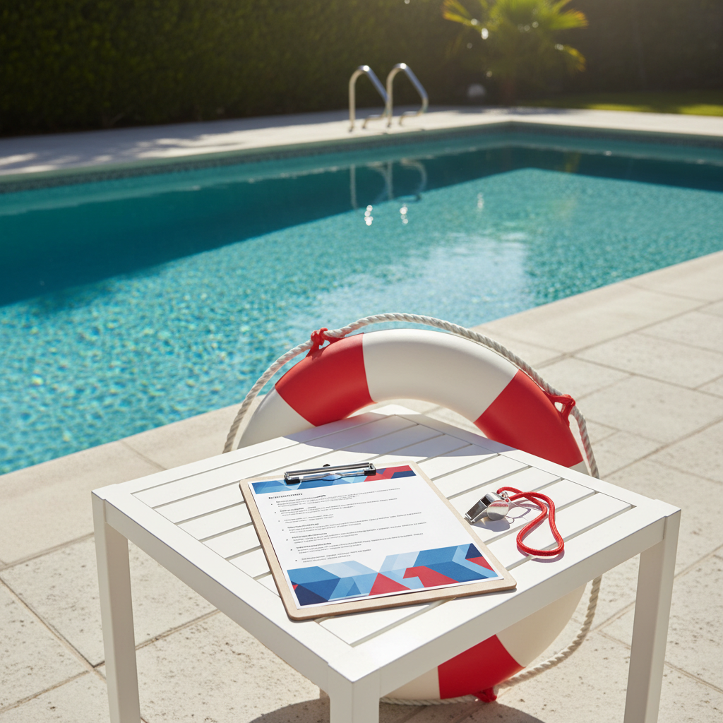 Family pool safety checklist on a clipboard beside a residential swimming pool