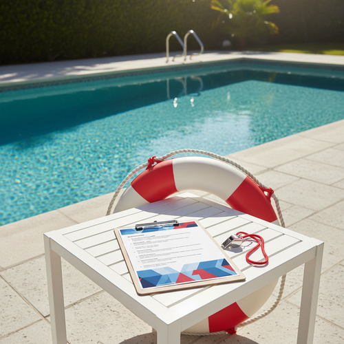 Family pool safety checklist on a clipboard beside a residential swimming pool