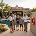 Pool safety consultant meeting a family at an elegant Texas vacation rental with a backyard swimming pool