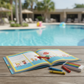 Colorful children's pool safety activity workbook on a table near a swimming pool
