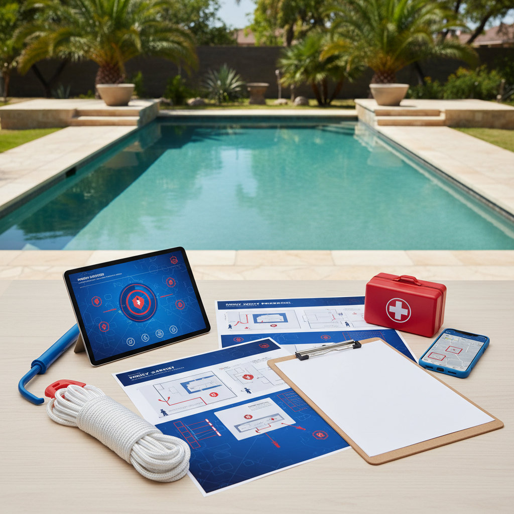 Personalized family pool safety plan on tablet and printed pages beside a residential pool